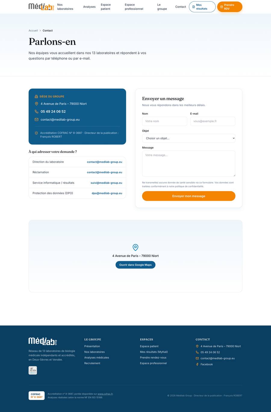 Médilab Group — Contact (desktop), rebuilt