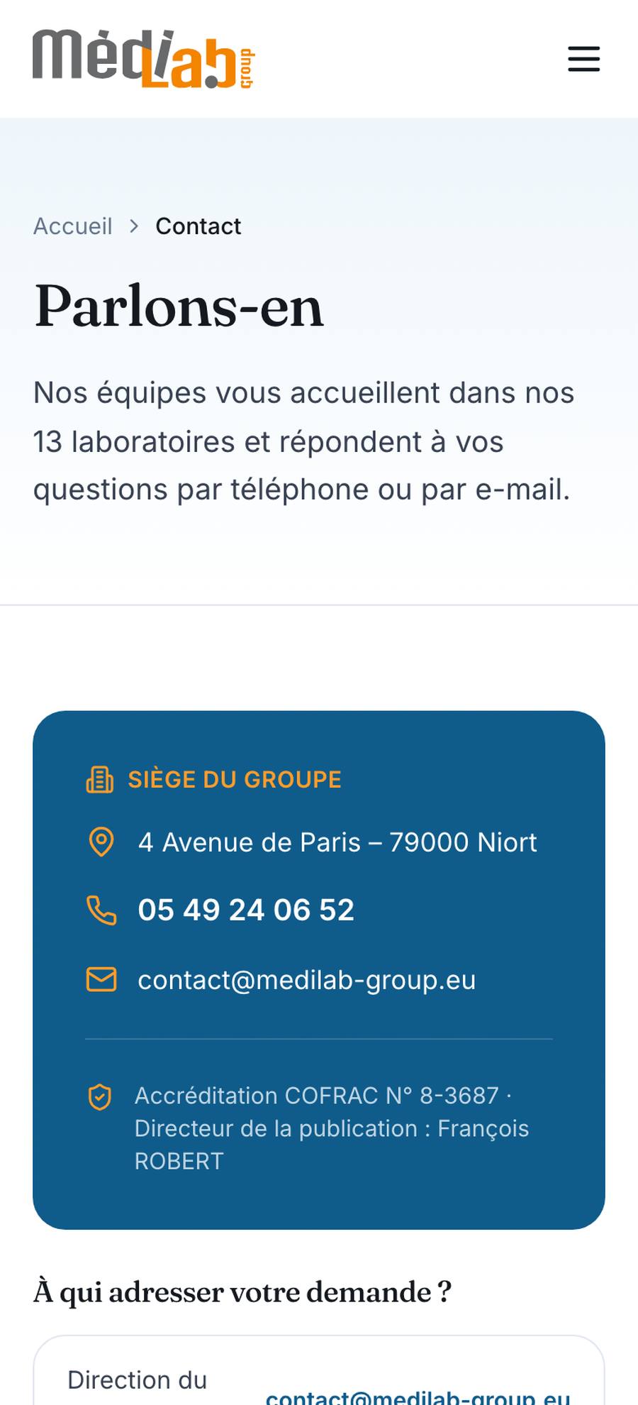 Médilab Group — Contact (mobile), rebuilt