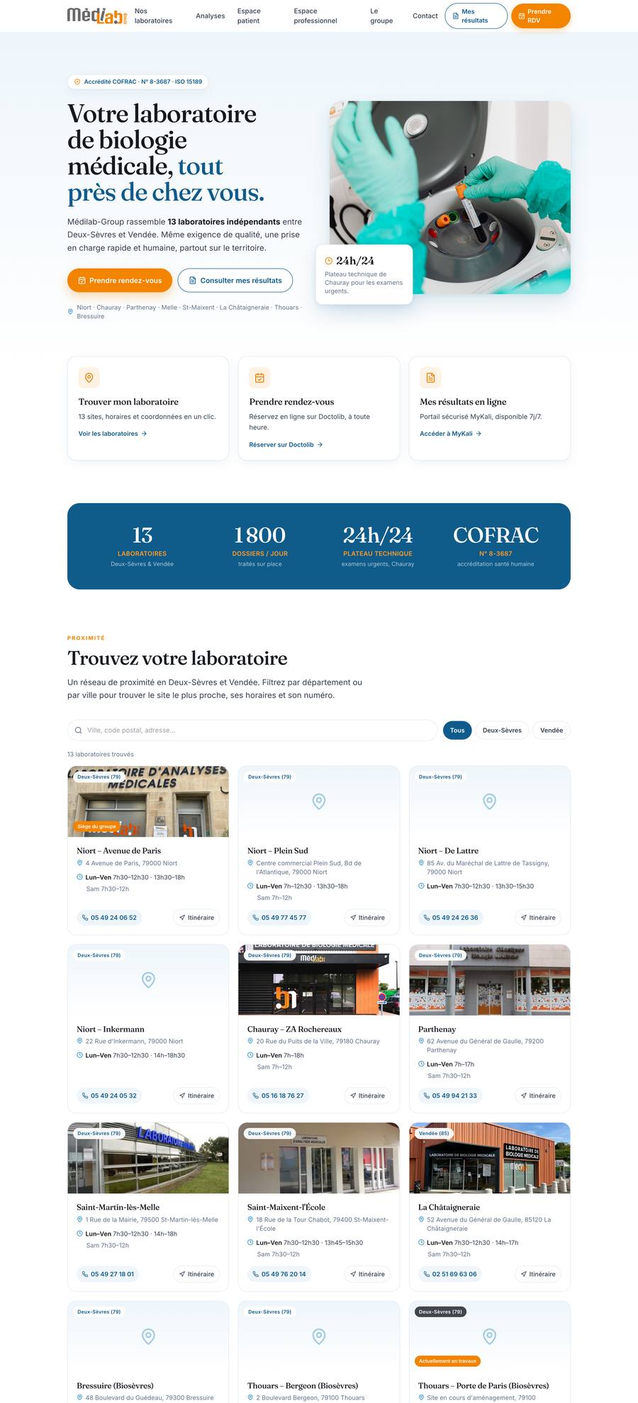 Médilab Group — Home (desktop), rebuilt