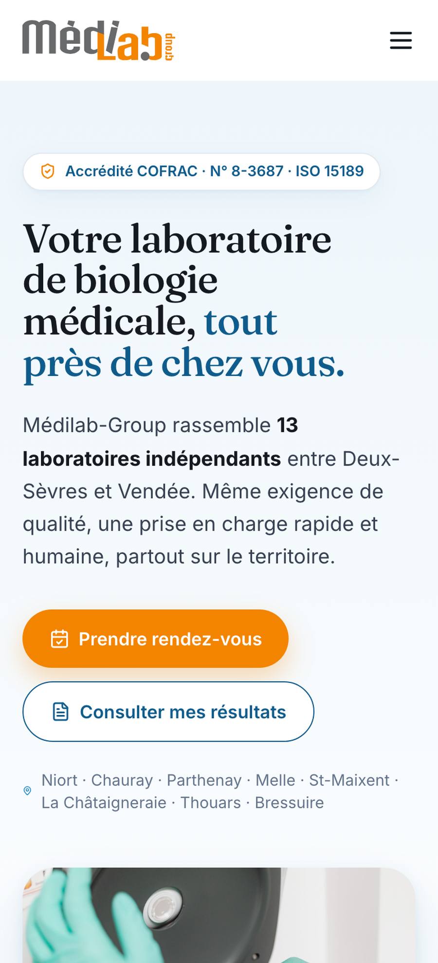 Médilab Group — Home (mobile), rebuilt